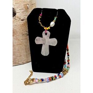 White Marble Inspired Cross Multicolors Beaded Pendant Necklace